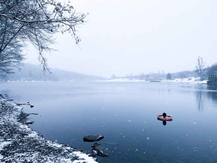 Muž v rybníce při otužování. 