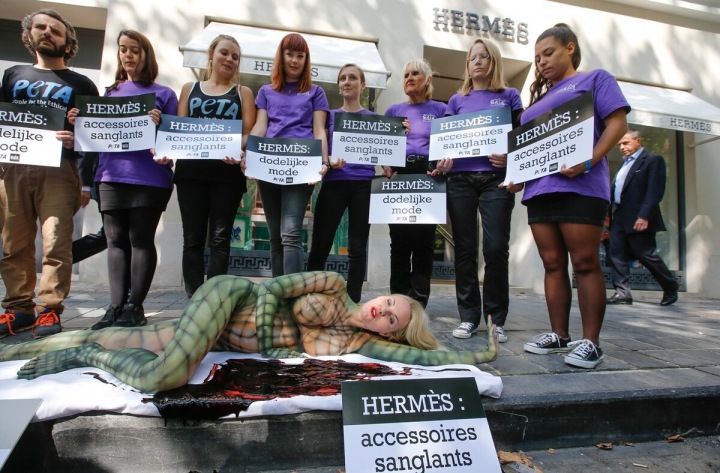 Skupina lidí stojí s plakáty za ženou pomalovanou jako plaz. Protest aktivistů PETA v Belgii v roce 2015.