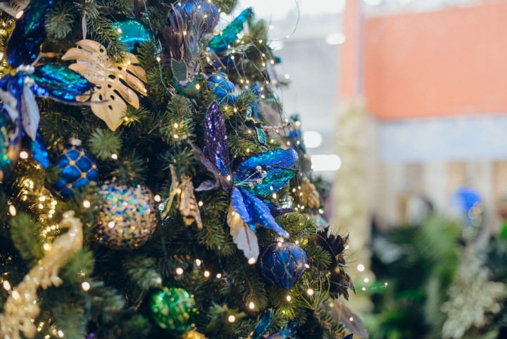 Vánoční stromek s modrými doplňky. 