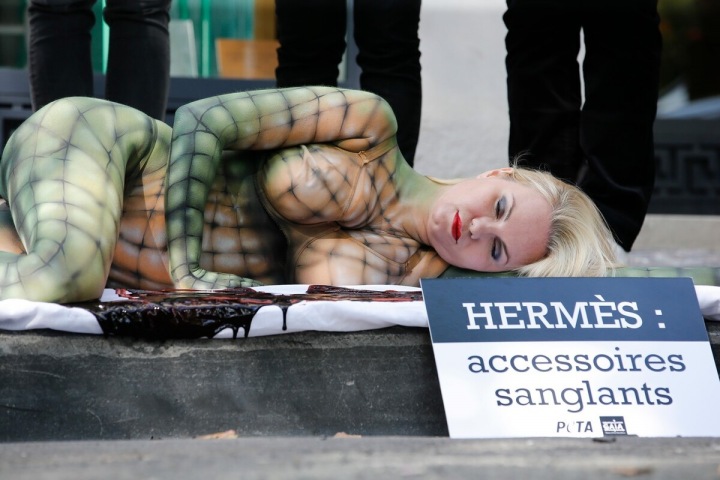 Žena je pomalovaná jako plaz. Protest aktivistů PETA v Belgii v roce 2015.