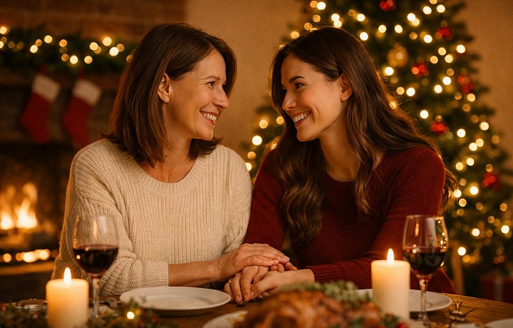 Máma a dcera slaví Vánoce spolu a s úsměvem